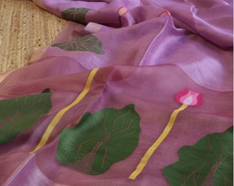 Handloom Silk Linen Saree, Pink West Bengal Jamdani Lotus Motif