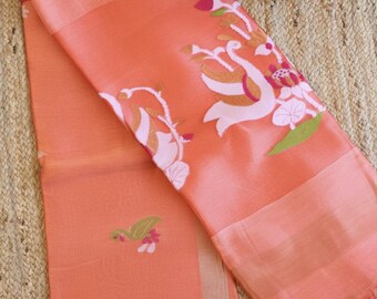 Handloom Onam Silk Linen Saree, Orange West Bengal Jamdani Bird Motif