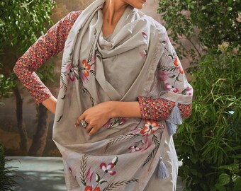 Grey printed linen saree for women festive wear