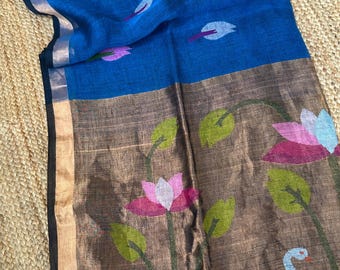 Teal Blue Linen Saree with Handwoven Bird Motifs and Paithani Pallu