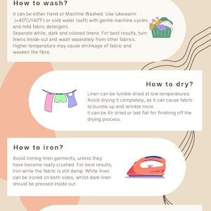 May include: Linen care instructions graphic with text on washing, drying, ironing, and storing linen. Includes illustrations of laundry, clothes on a line, an iron, and folded linens. The neolinen logo is at the bottom.