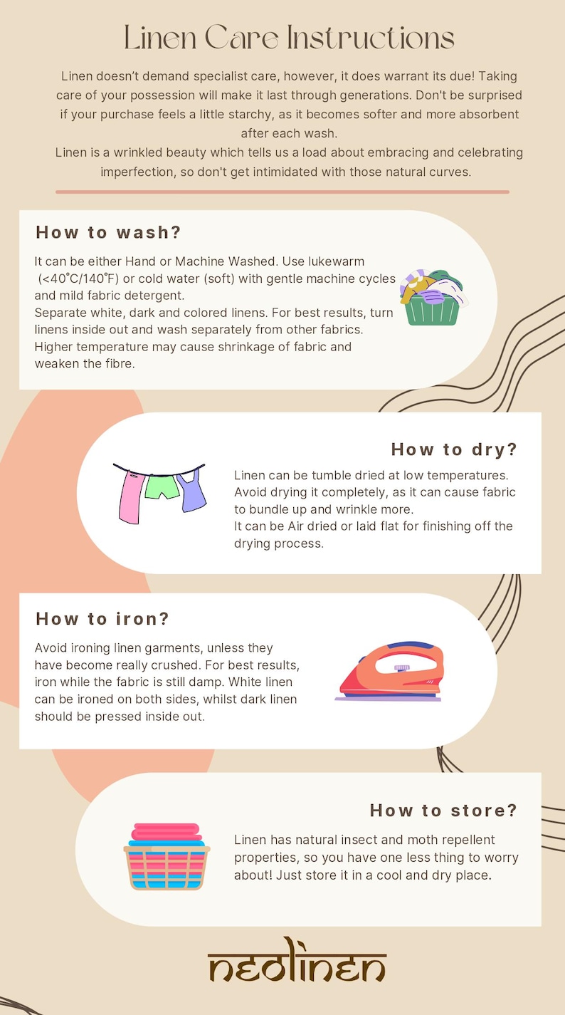 May include: Linen care instructions graphic with text on washing, drying, ironing, and storing linen. Includes illustrations of laundry, clothes on a line, an iron, and folded linens. The neolinen logo is at the bottom.