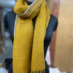 Mustard Linen Scarf: Embroidered Flax Shawl with Tassels