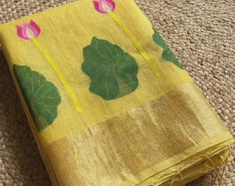 Handloom silk linen yellow jamdani saree