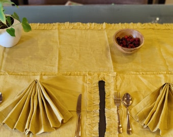 Mustard yellow Placemat Set of 2 With Lining, Linen tablemats, Ruffles, Dining Linen, 100% Pure European Linen TableMats/ Christmas table
