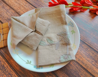 Set of 2 Embroidered Linen Napkins - Dining Linen, Chain Stitched, Wedding Decor, Rustic Style, 100% Pure European Linen Table Napkins