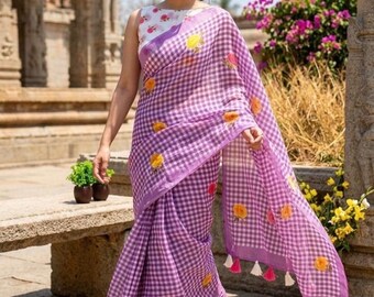 Purple Linen Saree with blouse, floral digital printed gifting saree summer essentials