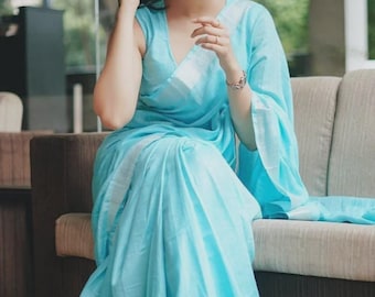 Blue Handwoven Pure linen Sky blue saree with silver zari border