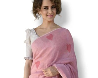 Pink lightweight breathable linen saree handwoven