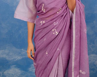 Lavender purple embroidered lightweight linen saree