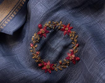 Embroidered Blue Linen Saree, French Knot Floral Detail, Golden Border, Ethnic Wear