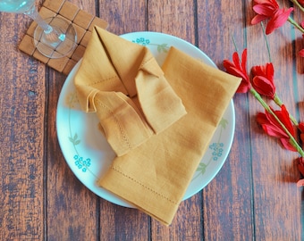 Linen Napkins Set Of 2, Mustard Yellow Picotted weave napkins , Dining Linen , 100% Pure European Linen Table Napkins, Gifts for Home