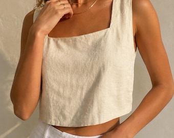 Open Back Linen Crop Top | Square Neck Summer Tank, Resort Wear