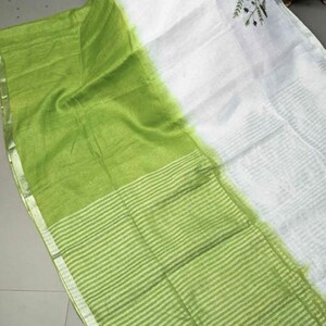 Embroidered Linen Saree, Cream Green Border, Machine Embroidery, Natural Fabric image 6