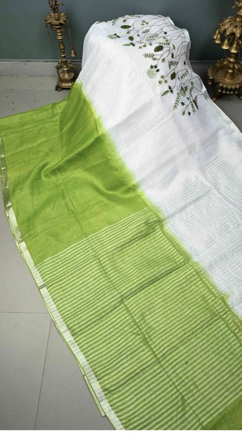 Embroidered Linen Saree, Cream Green Border, Machine Embroidery, Natural Fabric image 6