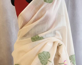 Handloom Onam Silk Linen Saree, Cream off white West Bengal Jamdani Bird Motif