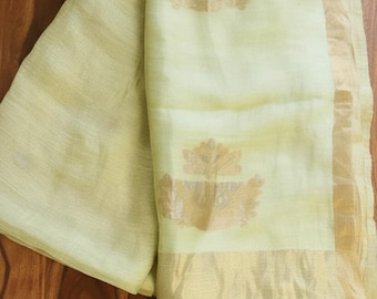 Handloom Onam Silk Linen Saree, Orange West Bengal Jamdani golden lotus Motif