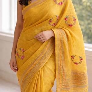 French knot Embroidered Linen Saree, handmade yellow artisan made wedding dress fall pico done