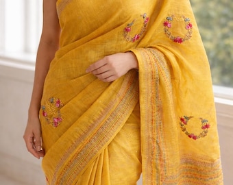 French knot Embroidered Linen Saree, handmade yellow artisan made wedding dress fall pico done