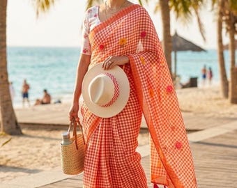 Orange Linen Saree with Floral Digital Print, Summer Wear, Handwoven Blouse Piece
