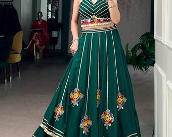 Indian Lehenga, Gamthi Work Mirror Detail, Gotta Patti Lace, Lightweight Fabric, Fully Stitched Choli