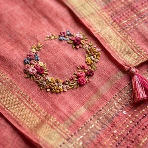 Embroidered Linen Saree, French Knot Floral Detail, Golden Border, Ethnic Wear fall pico done