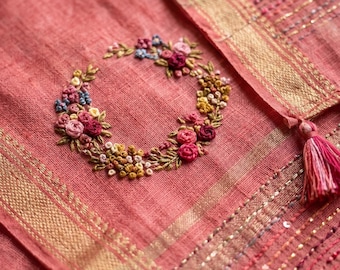 Embroidered Linen Saree, French Knot Floral Detail, Golden Border, Ethnic Wear fall pico done
