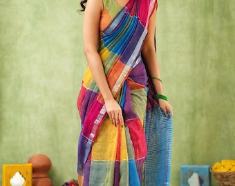 Multicolor lightweight breathable linen saree for wedding festive wear, colorblock