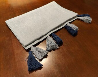 Sky Blue Linen Table Runner, European Linen with Handmade Tassels