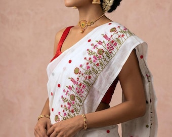 Onam Mul cotton embroidered white saree and red blouse