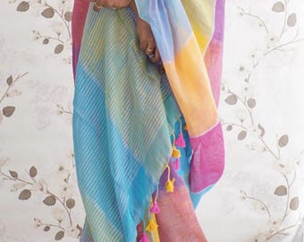 Colorblocked pink blue green Lightweight cotton linen saree handmade