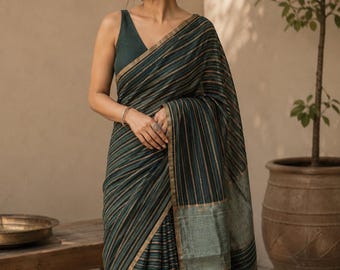Handwoven Silk Linen Saree – Emerald Striped Weave