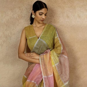 Multicolor lightweight breathable linen saree for wedding festive wear, colorblock