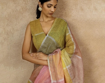 Multicolor lightweight breathable linen saree for wedding festive wear, colorblock
