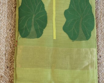 Handloom Onam Silk Linen Saree, Green West Bengal Jamdani Bird Motif