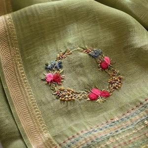 Embroidered Dark green Linen Saree, French Knot Floral Detail, Golden Border, Ethnic Wear