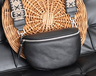 Bauchtasche Schwarz Leder für Frauen, Leder Umhängetasche, Crossbody Bag Gürteltasche mit Riemen, Geschenk für Sie