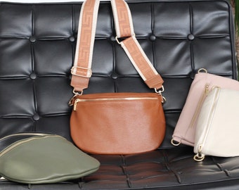 Belly Bag cuero para mujer, bolsillos dorados con cremallera, con 2 correas, bolso de hombro de cuero, bolso bandolera bolso cinturón, regalo para ella