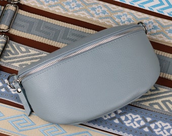 Leather Crossbody Bag for Women Light Blue with Silver Zipper,  Belly Bag with Strap, Genuine Leather Shoulder Bag, Gift for her