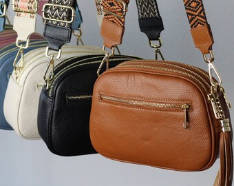 Leather Crossbody Bag with extra Strap, GOLD zippered, Leather Shoulder Bag, Everyday bag, Fanny pack and Patterned Belt