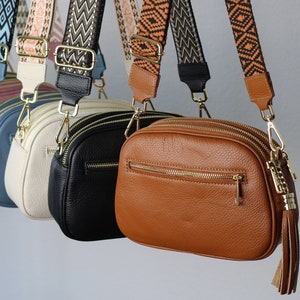 Leather Crossbody Bag with extra Strap, GOLD zippered, Leather Shoulder Bag, Everyday bag, Fanny pack and Patterned Belt