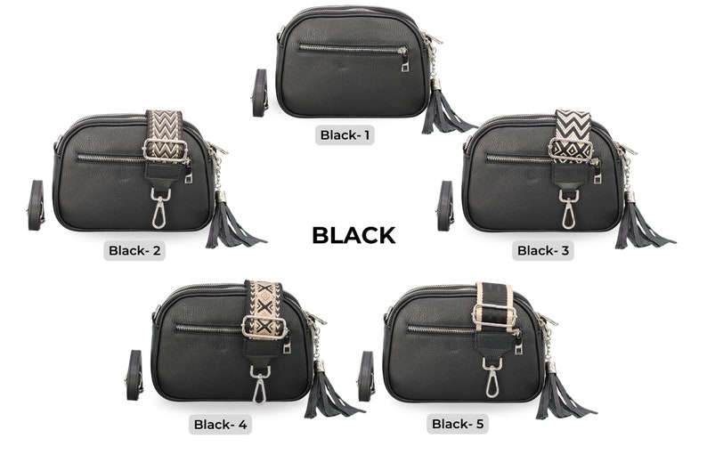 Leren crossbodytas met extra riem, zilveren ritssluiting, leren schoudertas, alledaagse tas, heuptasje en riem met patroon Black