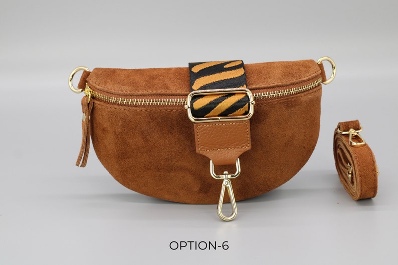 Wildleder Cognac Braune Bauchtasche für Frauen mit Gold Reißverschluss, Bauchtasche mit Riemen, Echtes Leder Umhängetasche, Geschenk für sie Option-6