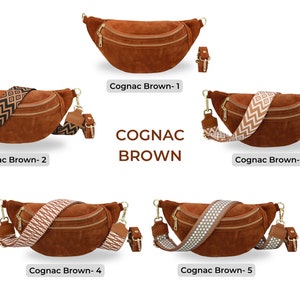 Sac ventre en cuir suédé pour femme avec fermeture éclair dorée, sac à bandoulière en cuir, sac à bandoulière avec bandoulière, cadeau de Noël Cognac Brown