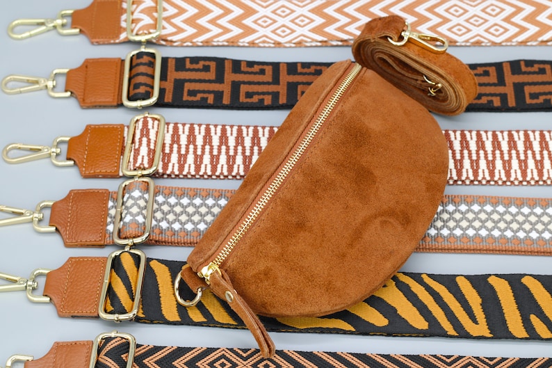 Wildleder Cognac Braune Bauchtasche für Frauen mit Gold Reißverschluss, Bauchtasche mit Riemen, Echtes Leder Umhängetasche, Geschenk für sie Bild 1