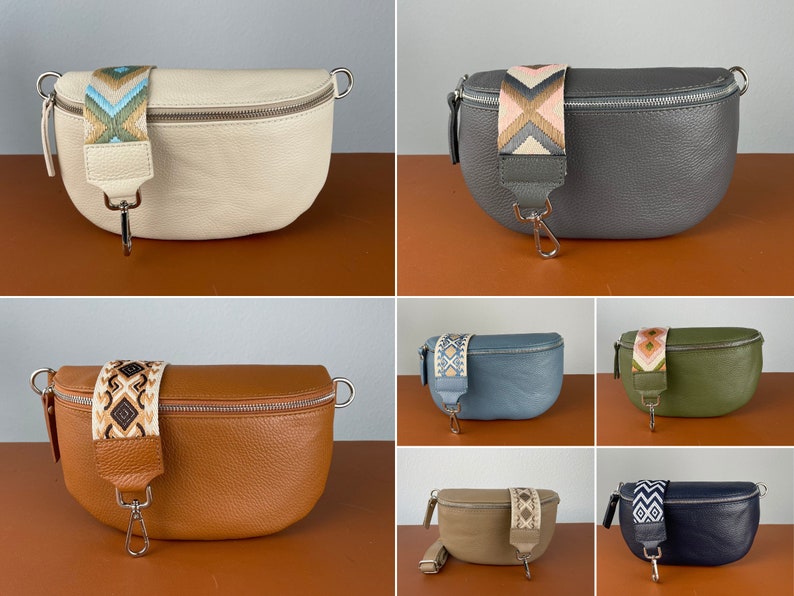 Belly Bag Leather for Women with 2 Straps, Leather Shoulder Bag, Crossbody Bag Belt Bag with Patterned Strap