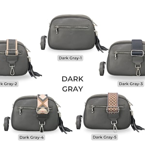 Leder Umhängetasche mit extra Gurt, silberner Reißverschluss, Leder Umhängetasche, Alltagstasche, Bauchtasche und gemusterter Gürtel Dark Gray