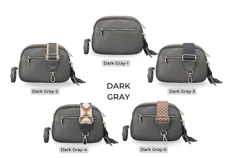 Leren crossbodytas met extra riem, zilveren ritssluiting, leren schoudertas, alledaagse tas, heuptasje en riem met patroon Dark Gray