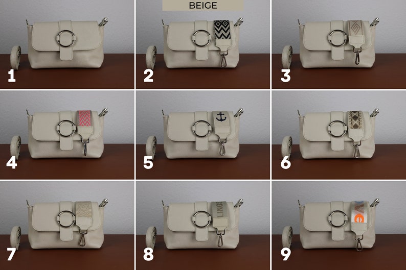 Umhängetasche aus Leder mit extra Gurt, Schultertasche aus Leder, Alltagstasche, Bauchtasche und gemustertem Gürtel Beige