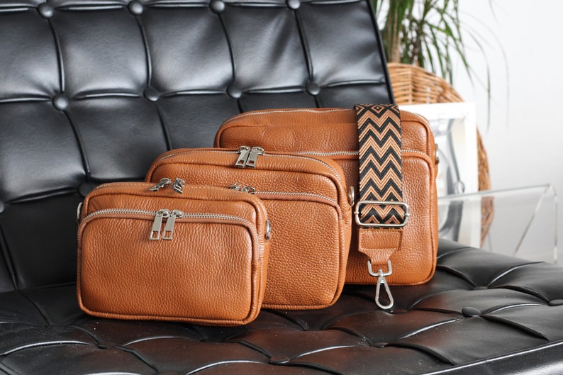 Leren crossbodytas met extra riem, leren schoudertas, alledaagse tas, heuptasje en riem met patroon afbeelding 1